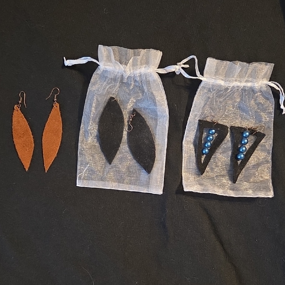 Brown and Blue Leather Earring Set